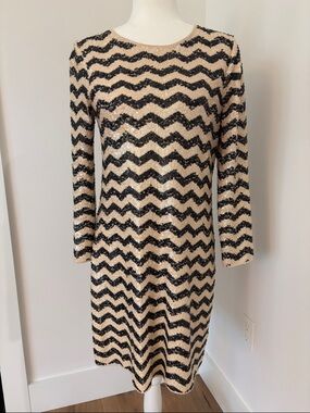 JCrew Sequin Chevron Shift Dress in Black and Cream
